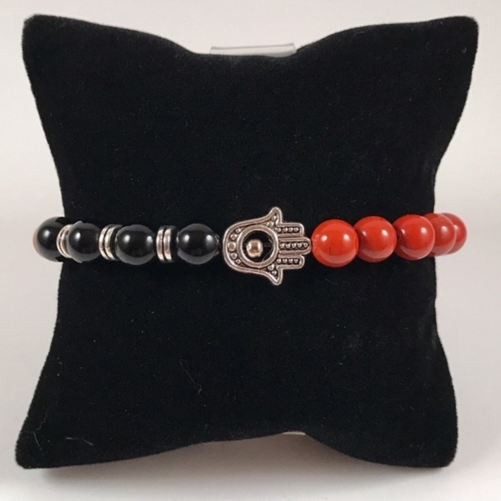 Men or women onyx & red jasper hamsa bracelet